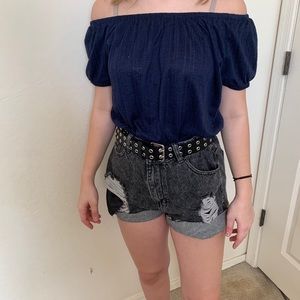 blue top off the shoulder